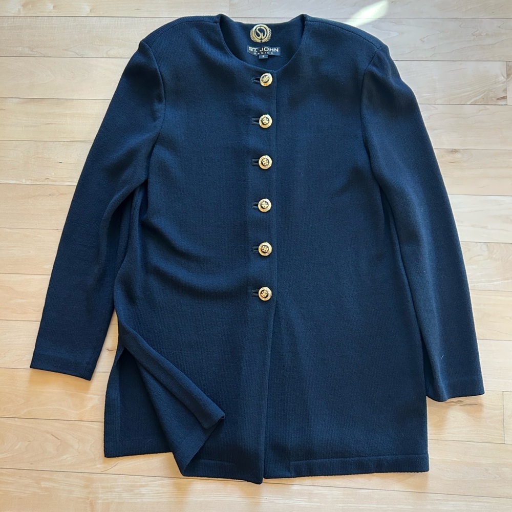 St. John Basics Santana Knit Longline Cardigan Jacket Black w/ Gold Buttons Sz M